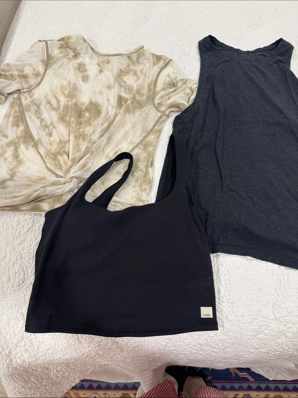 Vuori Black Cropped Tank with Neutral Tie-Dye Top and Charcoal Tank